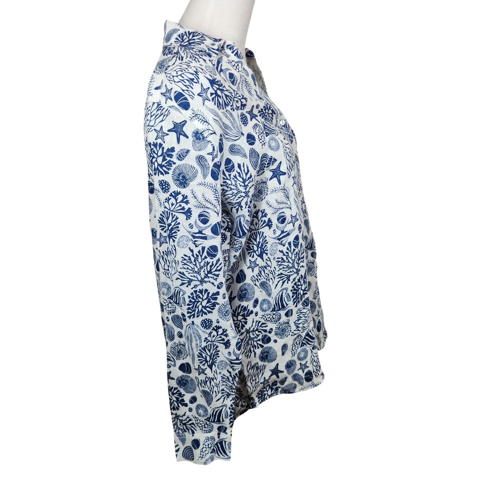 Sigrid Olsen Womens Top Blue White Coral Sea Life Print 100% Linen Button Down L - Picture 3 of 9